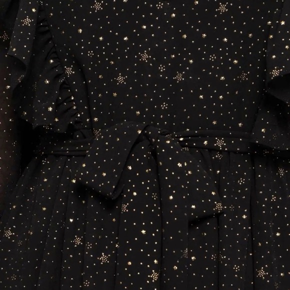 NWOT By The River Star Print Shirred Chiffon Ruffle Midi Long Sleeve Dress Black - Picture 9 of 11